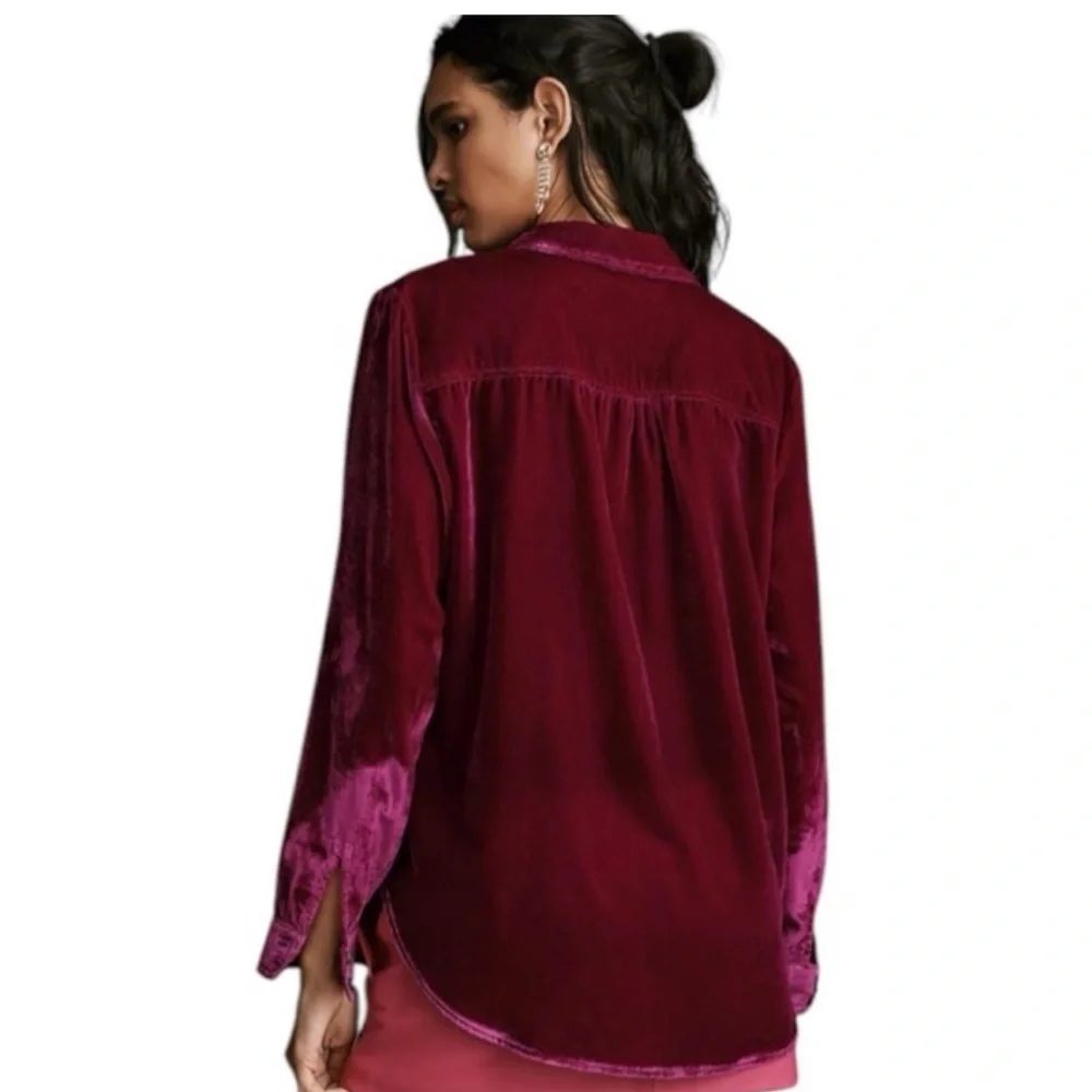 Anthropologie The Hadley Relaxed Buttondown Shirt by Pilcro Magenta Velvet - MP - Picture 2 of 8